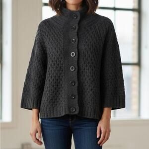 Renee C. Large Acrylic Wool Charcoal Button Front Sweater with Collar 3/4 Sleeve